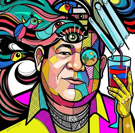 Colorful abstract portrait of a person with vibrant hair, holding a glass with a straw, in a pop art style.