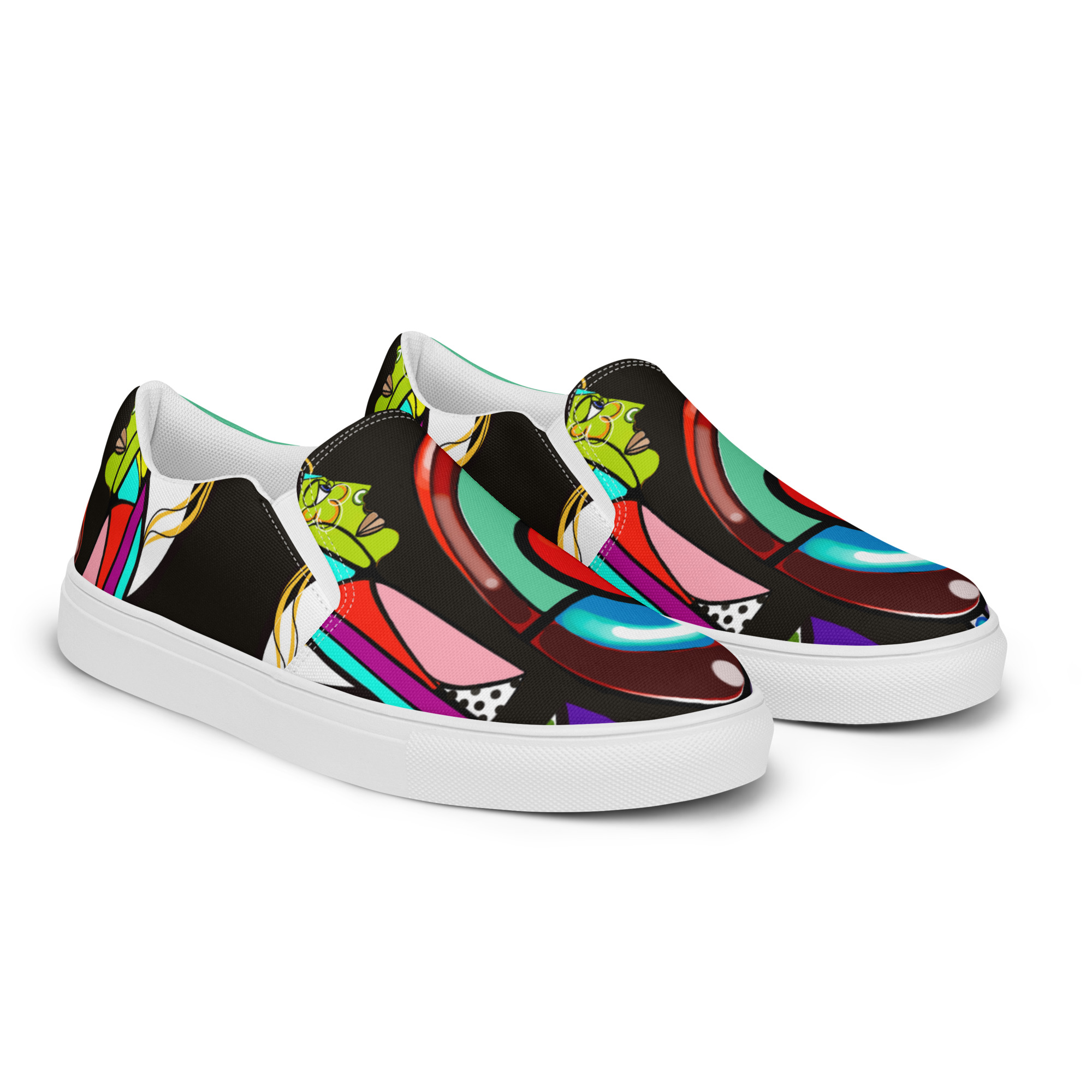 Colorful sneakers with abstract patterns and a white sole, viewed from a slight angle.