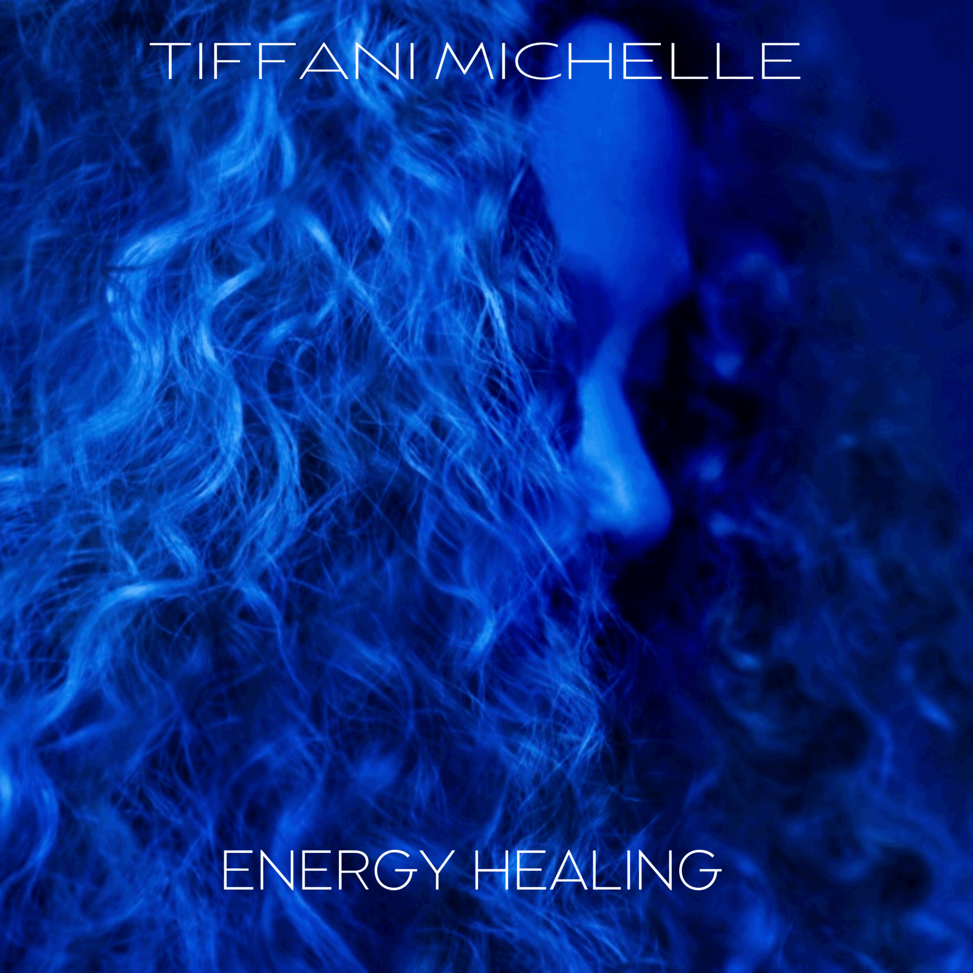 Close-up of a person with curly hair, blue lighting, and text reading 'Tiffani Michelle' and 'Energy Healing'.
