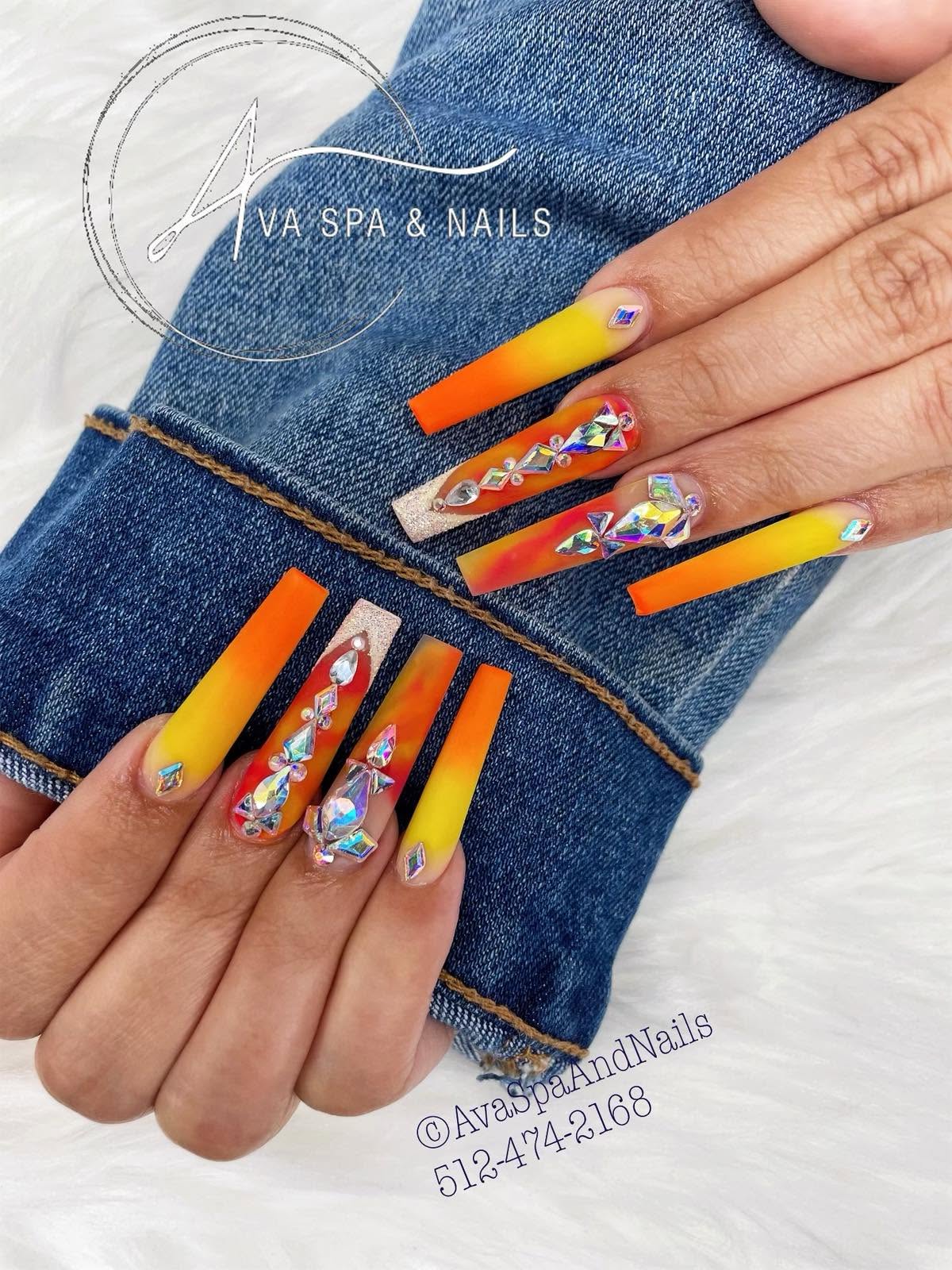 Hand with long, colorful, decorated nails resting on denim fabric, with a logo and text overlay.