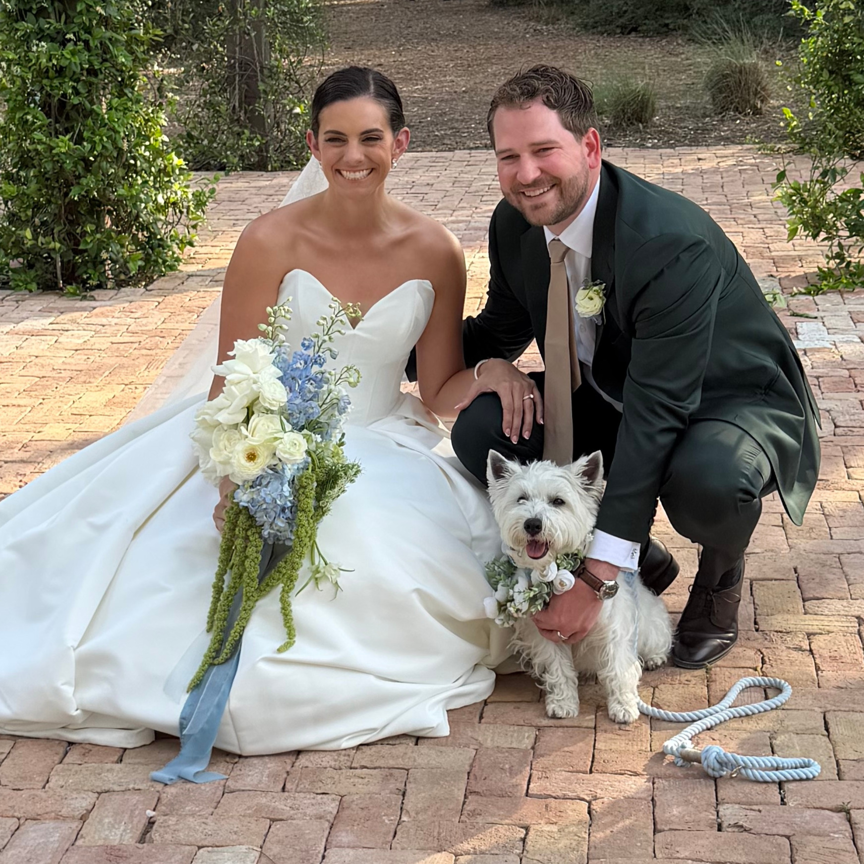 Bride and groom with a small dog outdoors, bride in a white wedding dress holding a bouquet, groom in a suit, dog with a flower collar.
