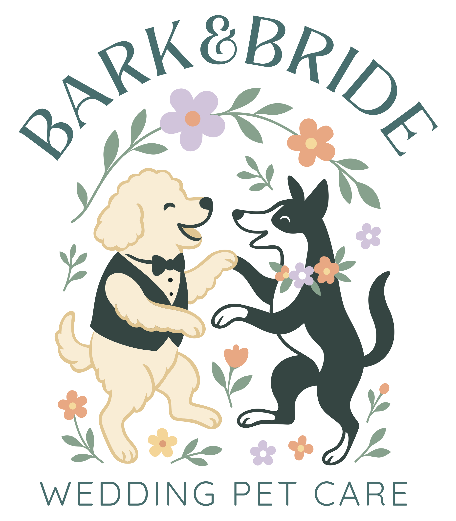 Logo with a dog and a cat holding paws, surrounded by flowers, with text 'BARK & BRIDE' and 'WEDDING PET CARE'.