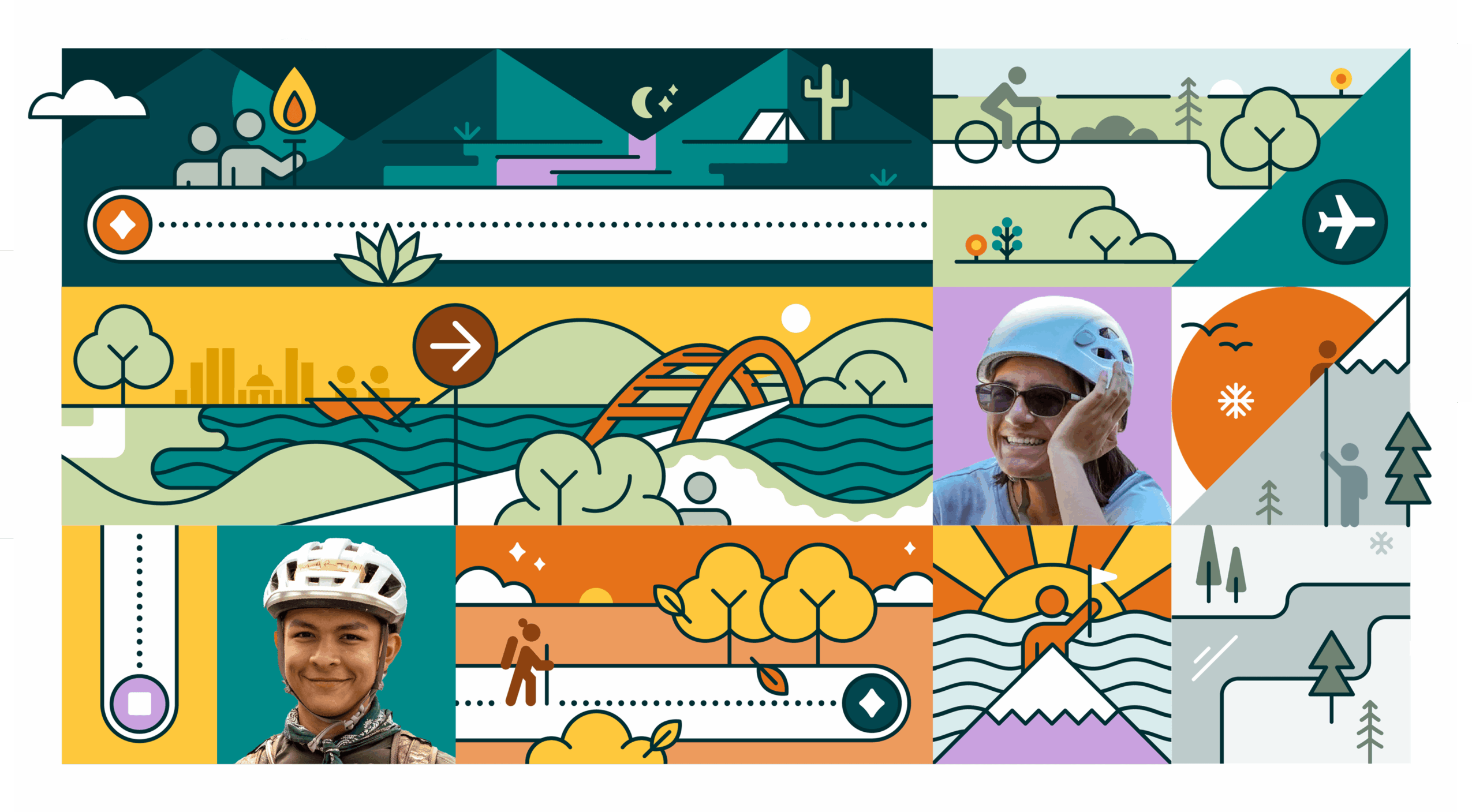 Colorful illustration of outdoor activities, including cycling, hiking, and scenic landscapes with trees, mountains, and a person wearing a helmet.