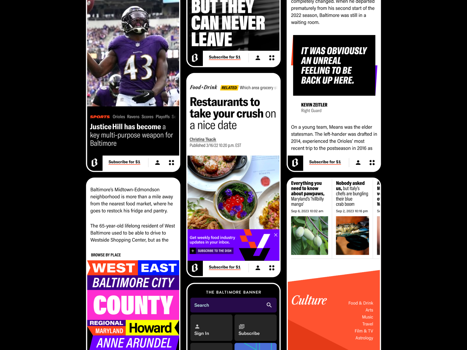 Collage of various newspaper and magazine articles, headlines, and images, including a football player, restaurant promotion, and city map.