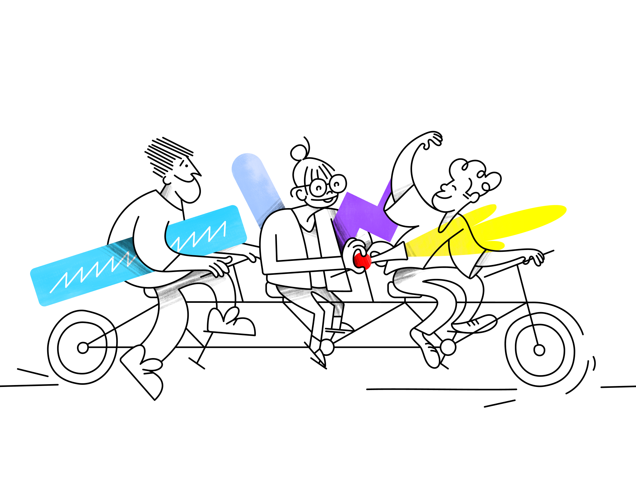 Three people riding a motorcycle, one with a blue bag, one with glasses, and one with a yellow shirt, all smiling.