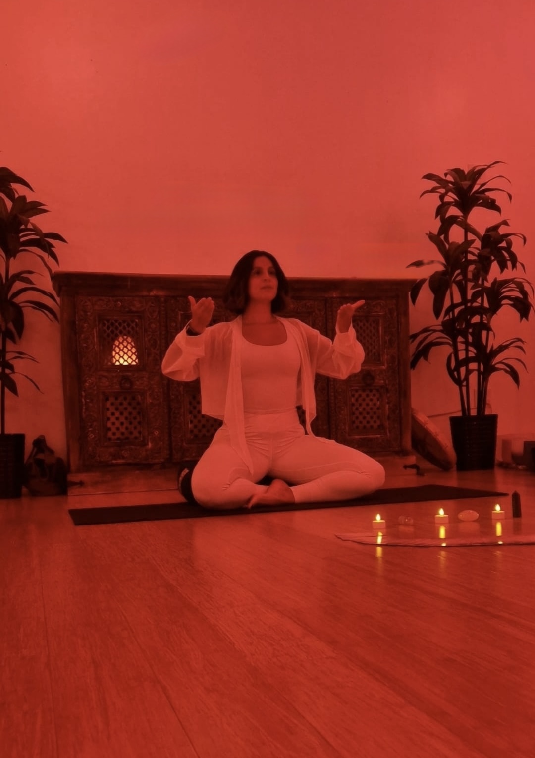 Person sitting cross-legged on the floor with arms raised, surrounded by potted plants, against a pinkish background.