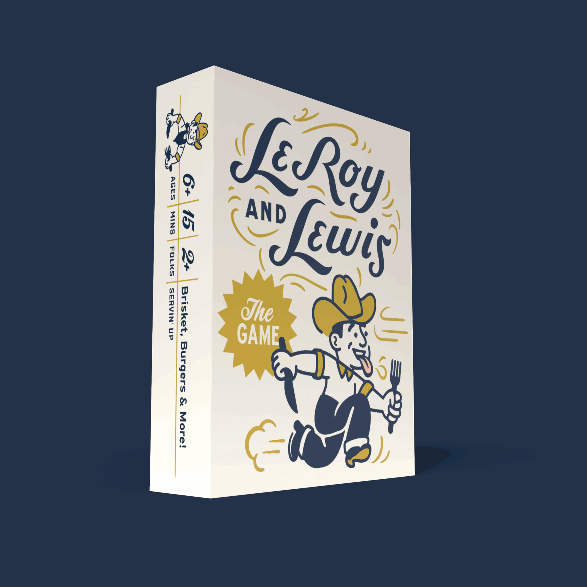 Board game box titled 'Le Roy and Lewis' with a cartoon cowboy holding a fork and knife, against a dark background.