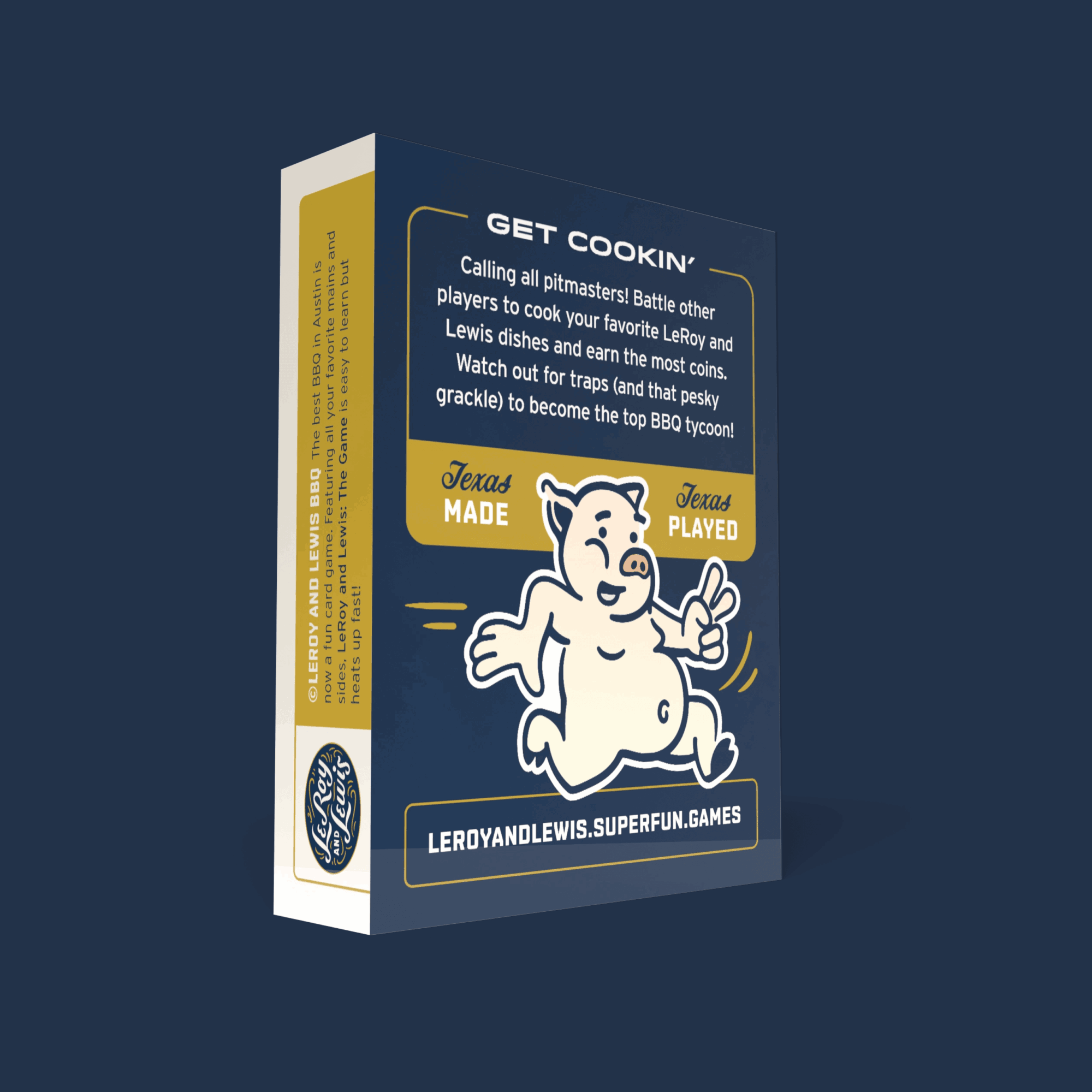 Game box with a bear illustration, text about cooking, and website link, set against a dark background.