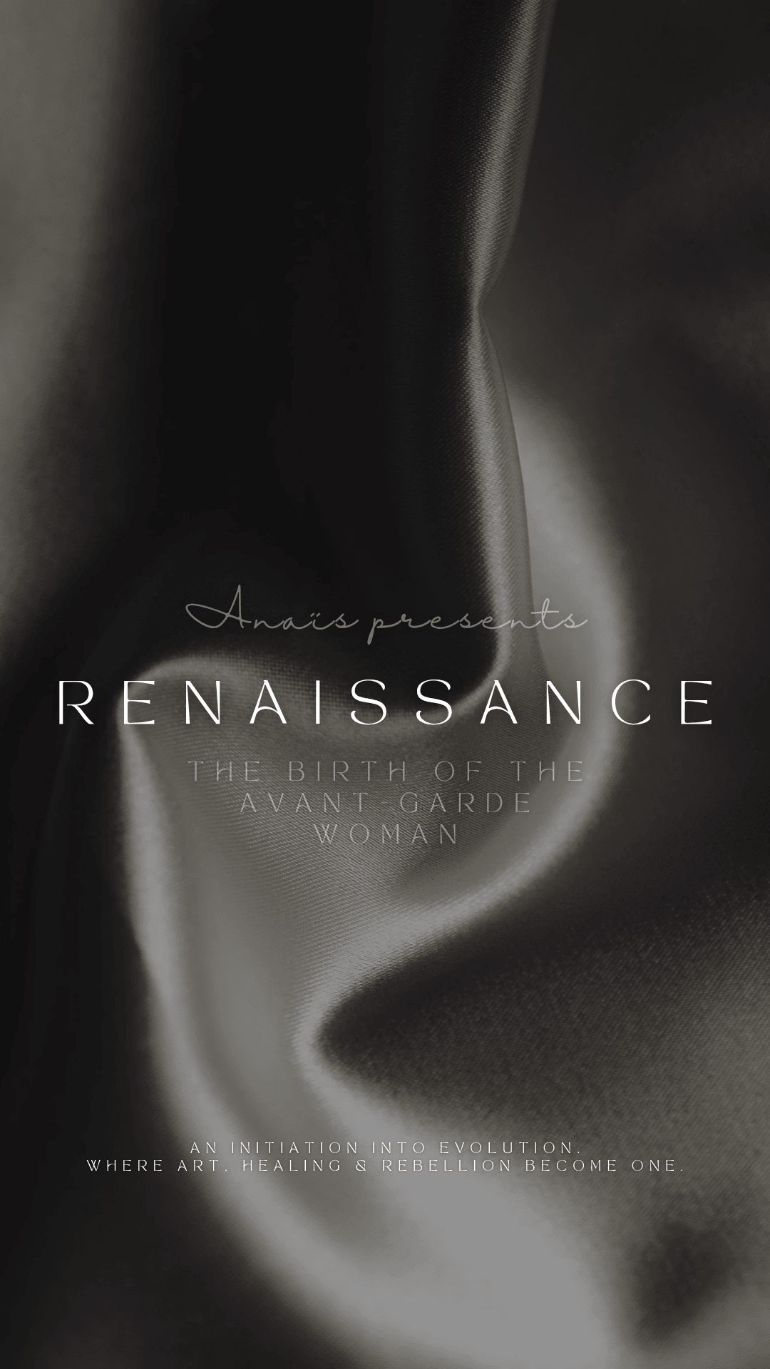 Close-up of smooth, flowing fabric with text about Renaissance and woman empowerment, dark background.