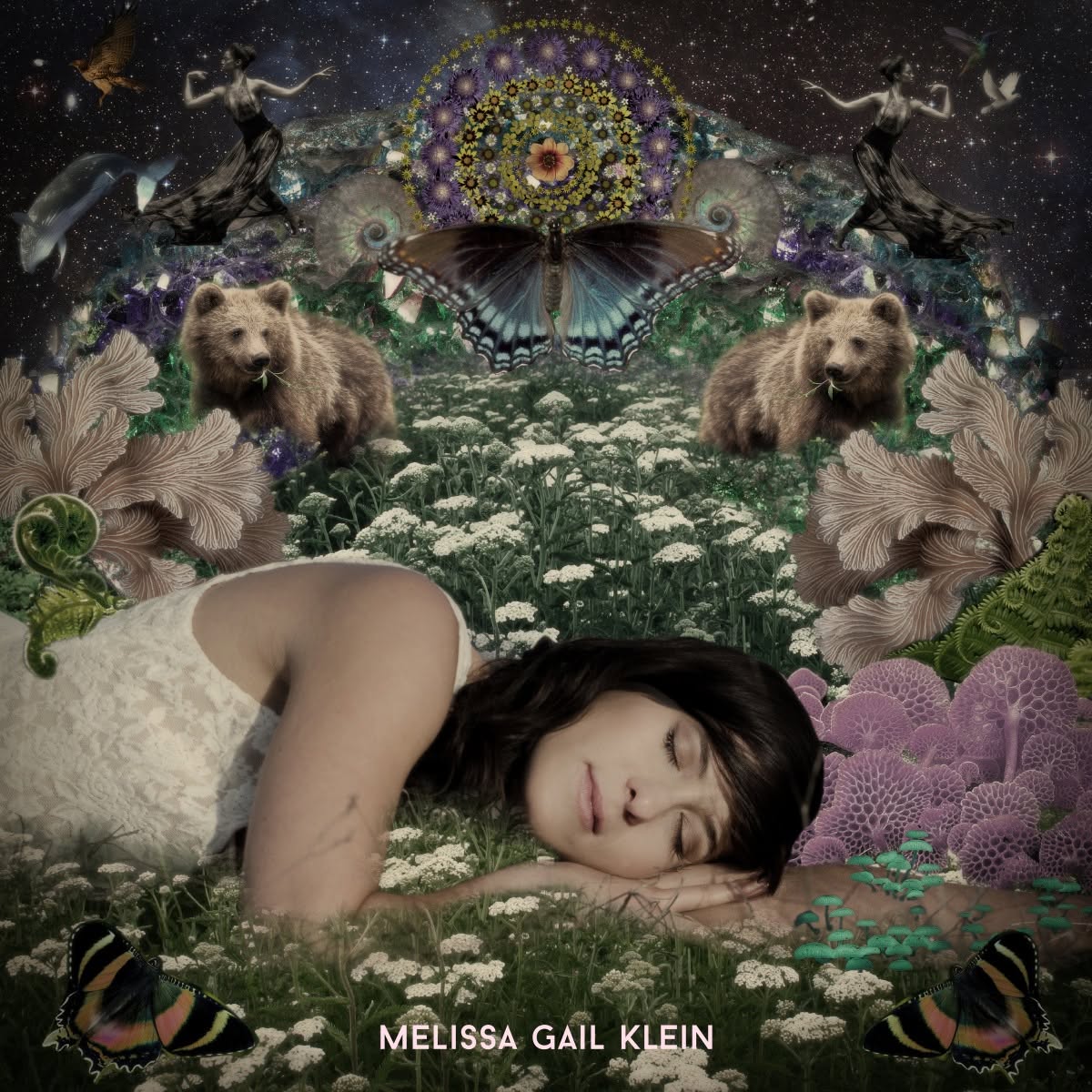 A woman with dark hair sleeps on a bed of white flowers, surrounded by bears, butterflies, and fantasy elements.