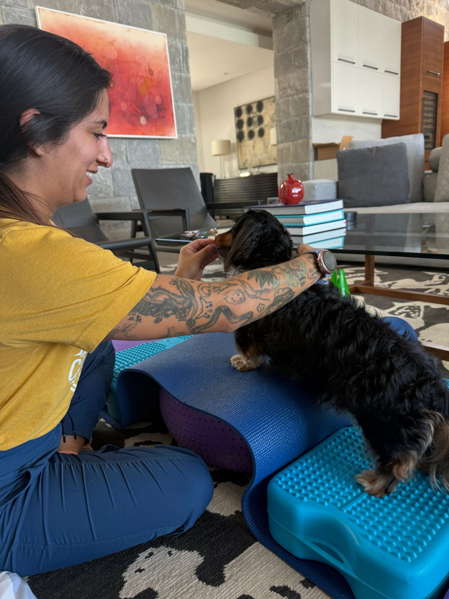 Person lying on a blue cushion with a small black dog on a blue mat, in a room with furniture and artwork.
