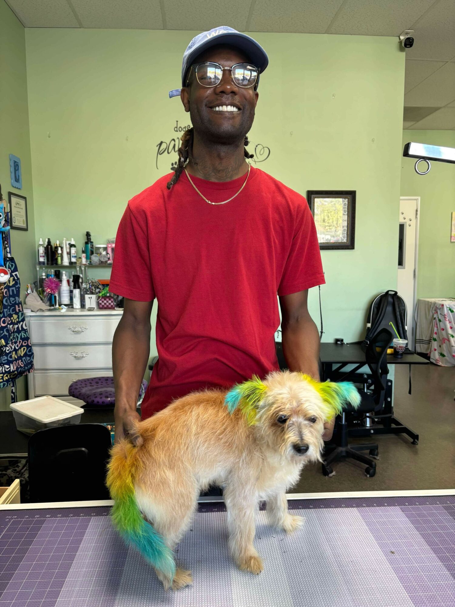 Young man with glasses and a cap smiling, standing behind a small dog with colorful fur, in a room with salon supplies.