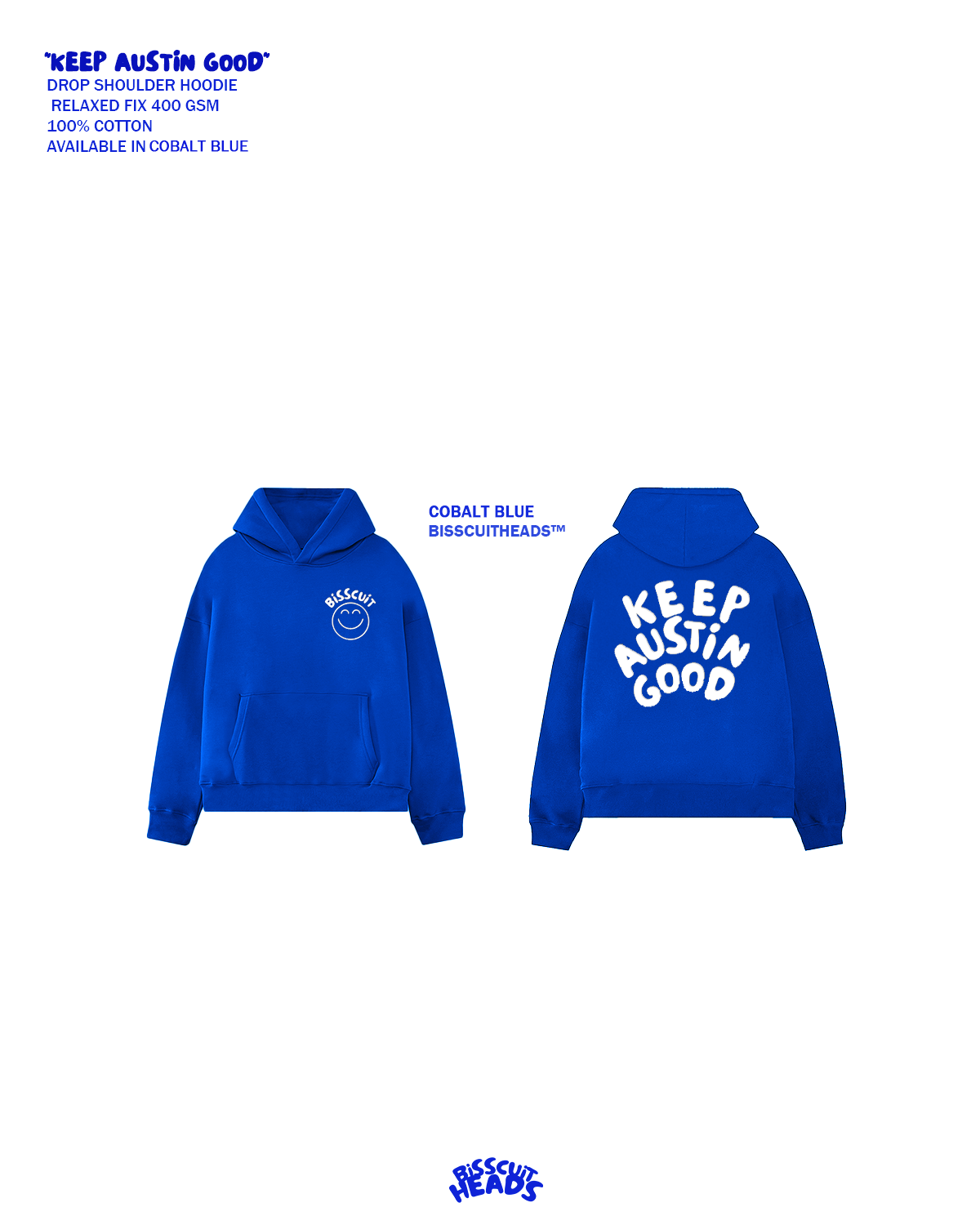 Two blue hoodies with white text and graphics, one showing the front and the other the back, promoting Austin. Alt text word count: 20