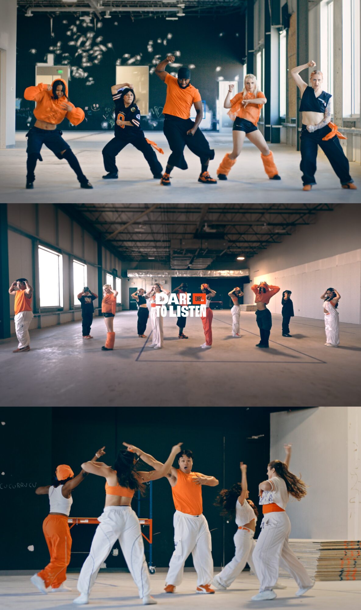 Three dance groups performing in different indoor settings, wearing orange and white outfits, with various poses and movements.