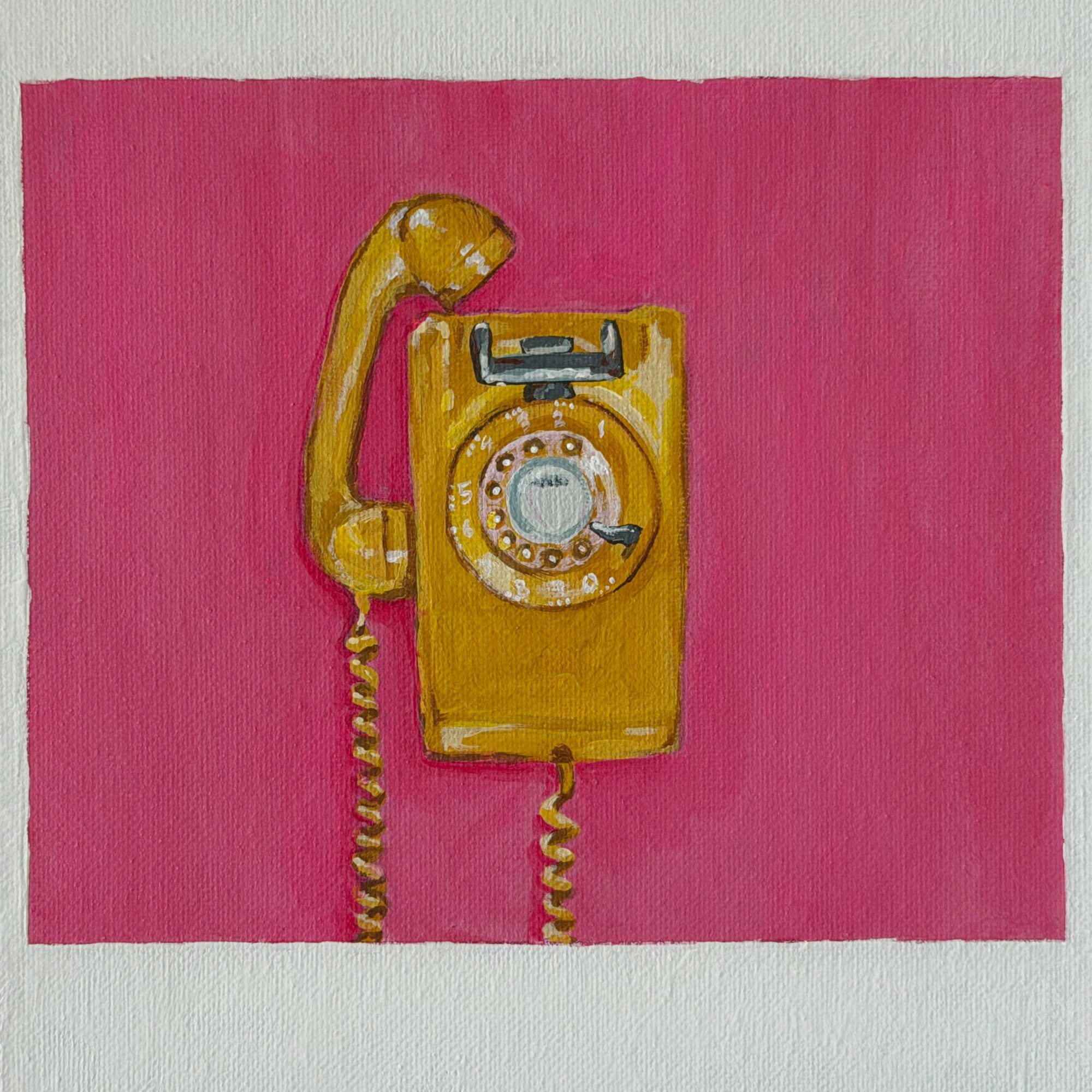 Painting of a yellow rotary phone against a pink background, with a coiled cord hanging down.
