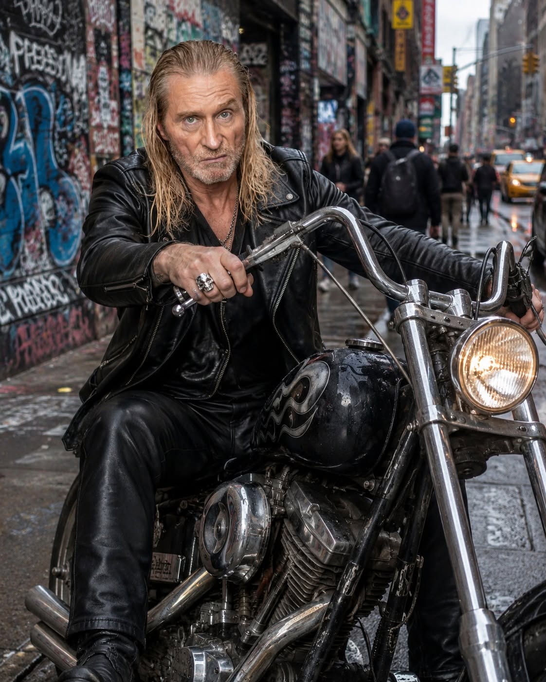 Man with long hair and leather jacket sitting on a motorcycle in an urban street with graffiti walls and pedestrians