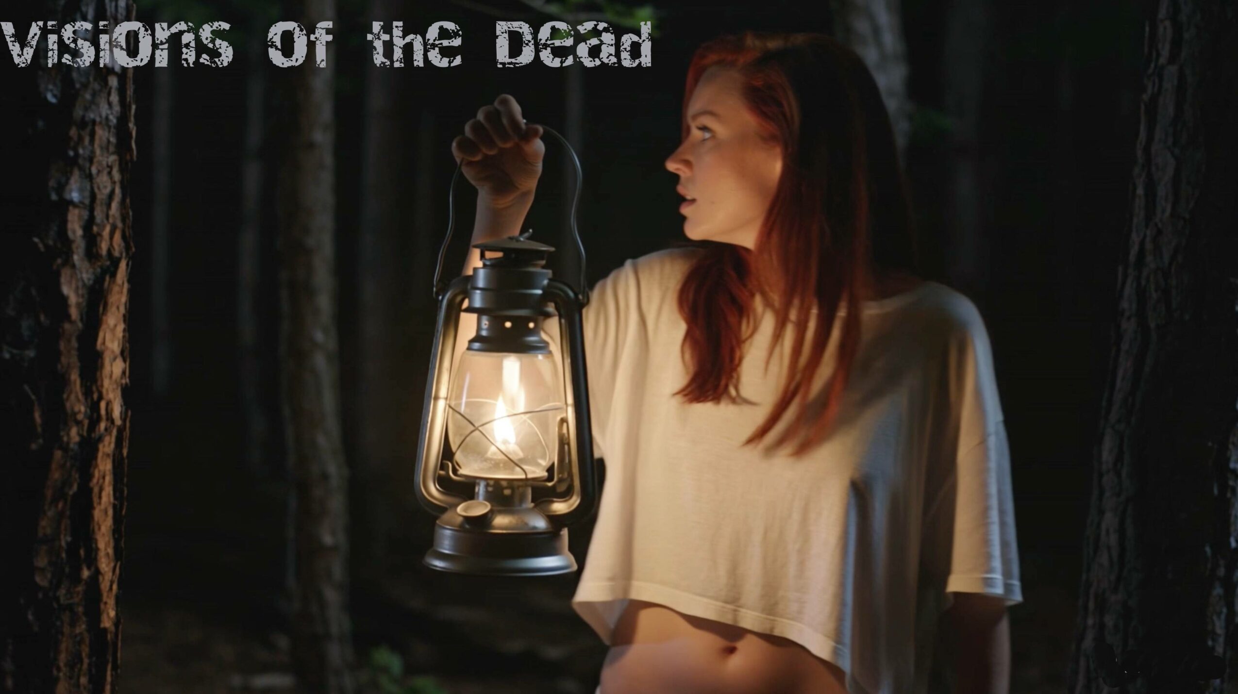 A woman holding a lantern in a dark forest at night, looking to the side, with text partially visible at the top.