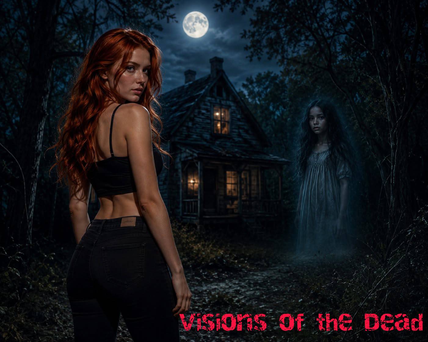 A woman with long red hair stands in a dark forest under a full moon, with a ghostly figure nearby and a haunted house in the background.