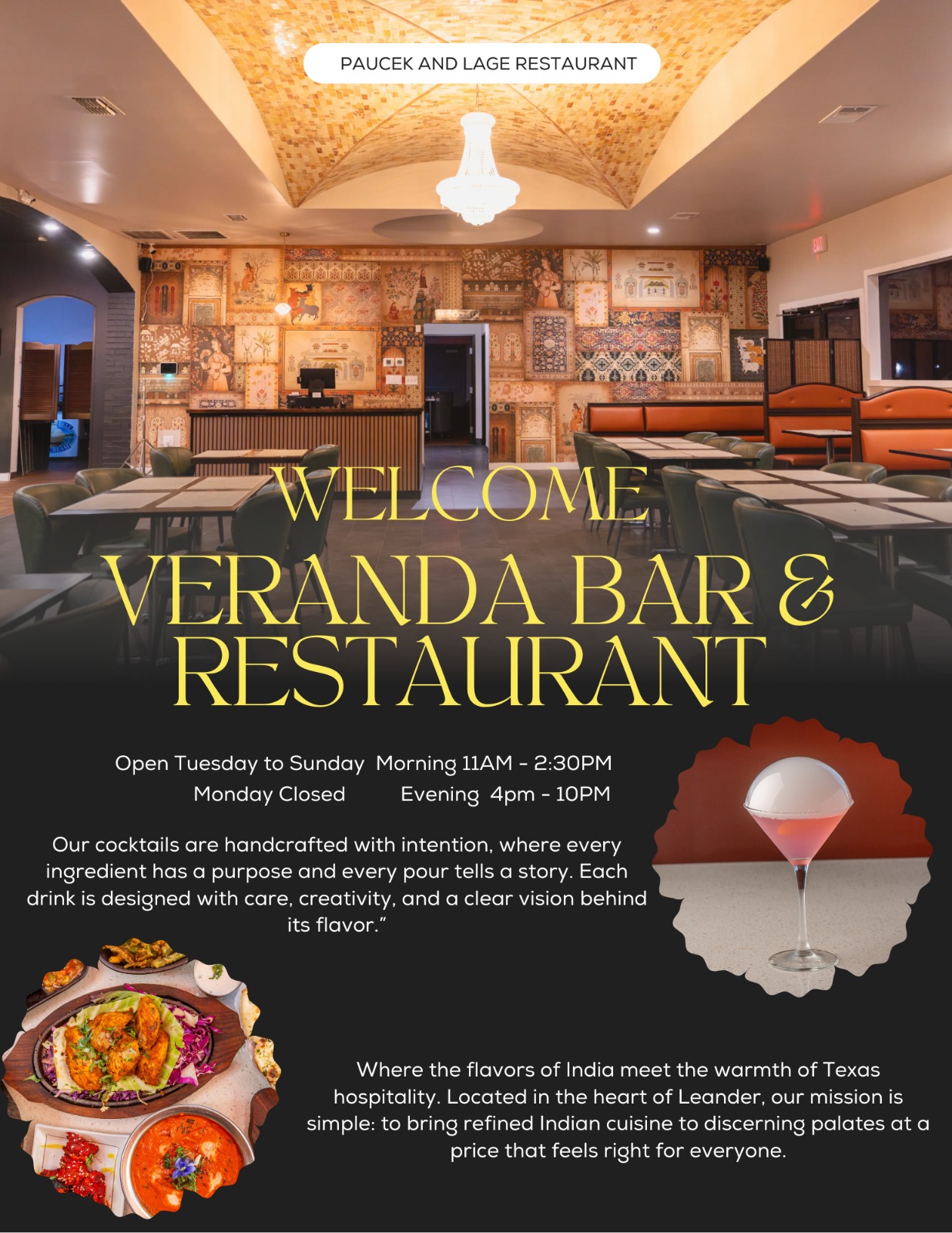 Interior of a restaurant with a high ceiling, chandelier, and a wall decorated with various tiles. Seating includes orange and black chairs. Welcome message for veranda bar and restaurant, open Tuesday to Sunday, with hours listed. Description of the restaurant's handcrafted food and atmosphere. A small image of a dish and a glass of wine at the bottom.