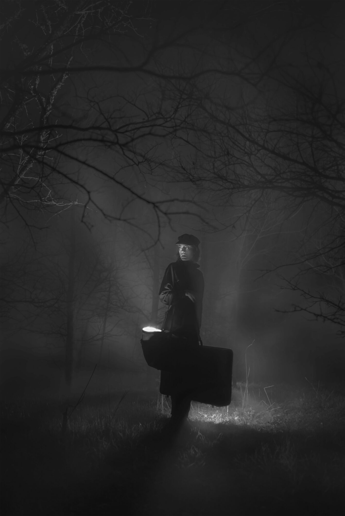 Person standing outdoors at night holding a briefcase, surrounded by fog and leafless trees, with a dark, eerie atmosphere.