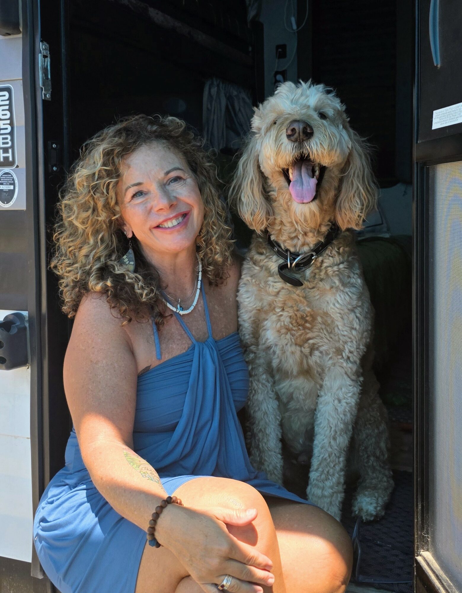 Woman with curly hair in a blue dress sitting with a large, fluffy dog inside a vehicle, smiling.
