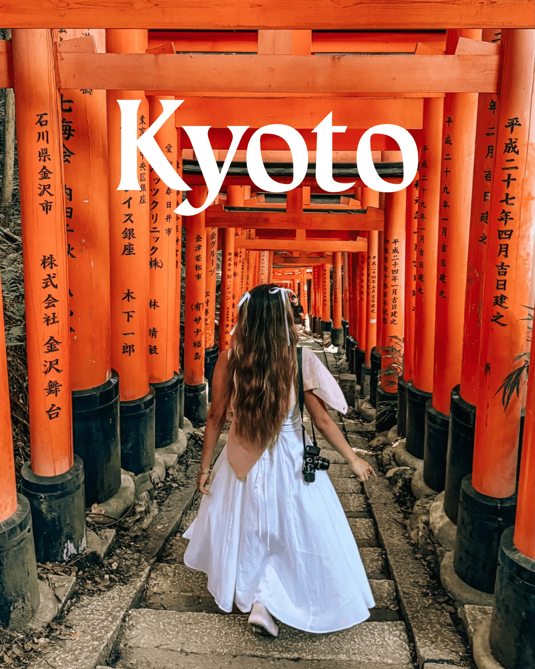 Person in white dress walking through a corridor of red torii gates with Japanese inscriptions, in Kyoto.