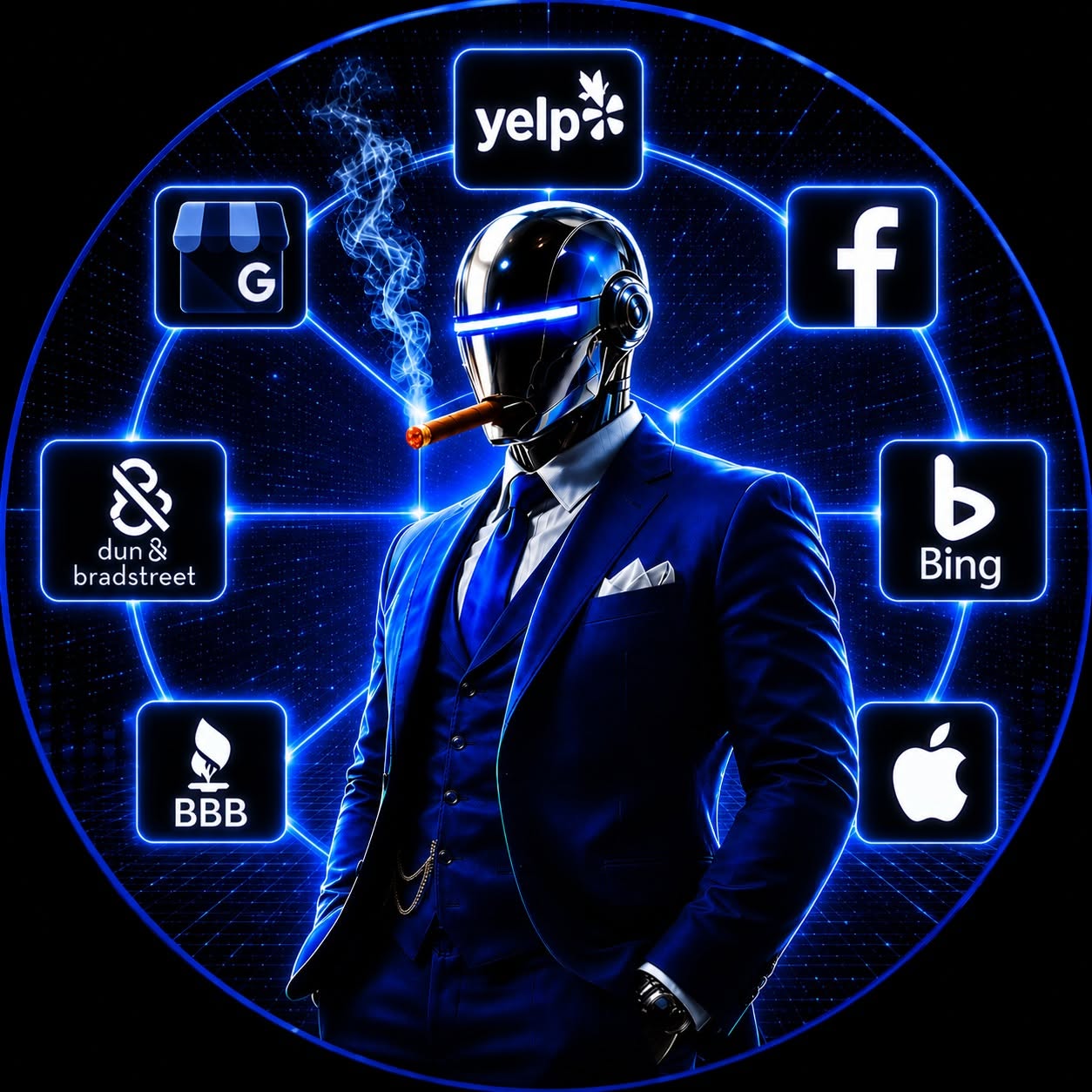 Person in suit with helmet, surrounded by icons of Yelp, Facebook, Bing, Apple, BBB, Dun & Bradstreet, and Google, with a blue digital background.