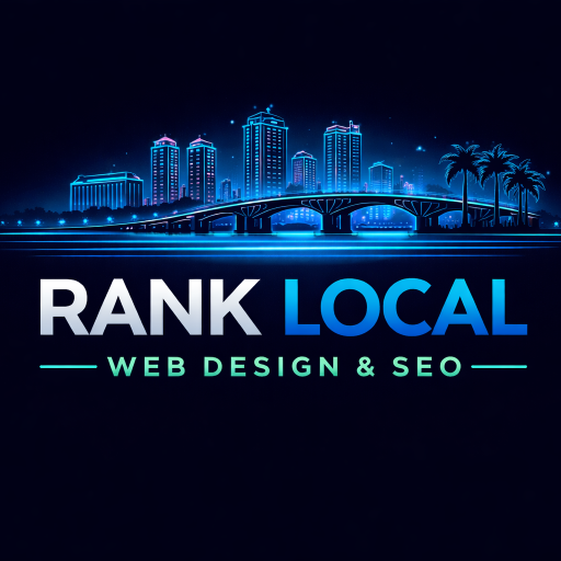 Night city skyline with illuminated buildings and bridge, text reads 'RANK LOCAL WEB DESIGN & SEO'.