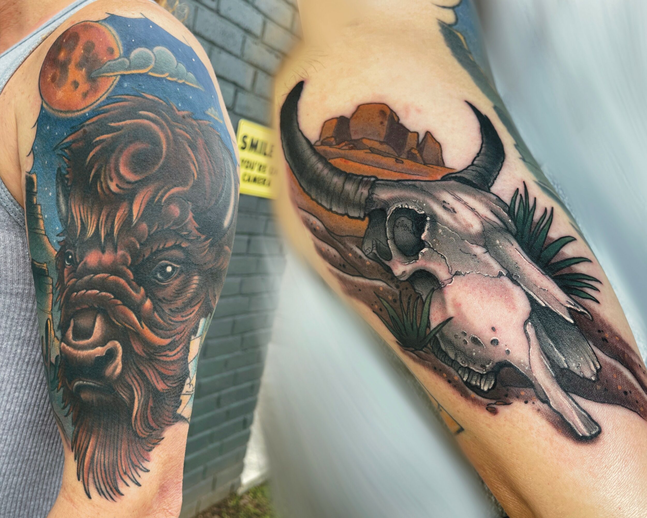 Tattoo of a bison skull with horns and a landscape background on a person's arm.
