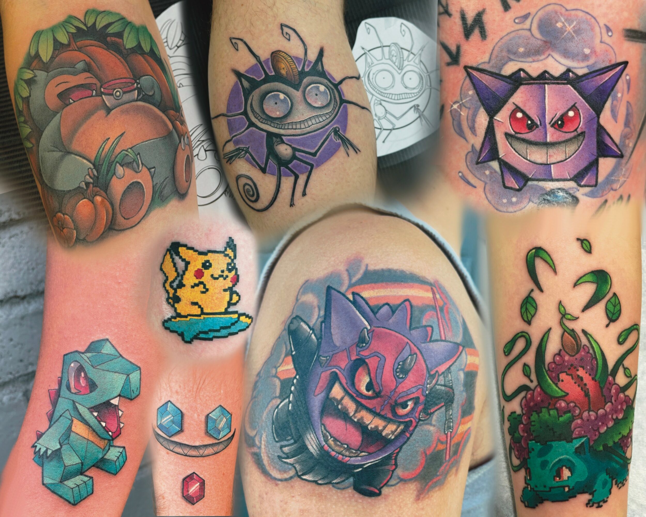 Collection of colorful tattoos featuring cartoon characters, animals, and fantasy creatures on skin, with various designs and styles.