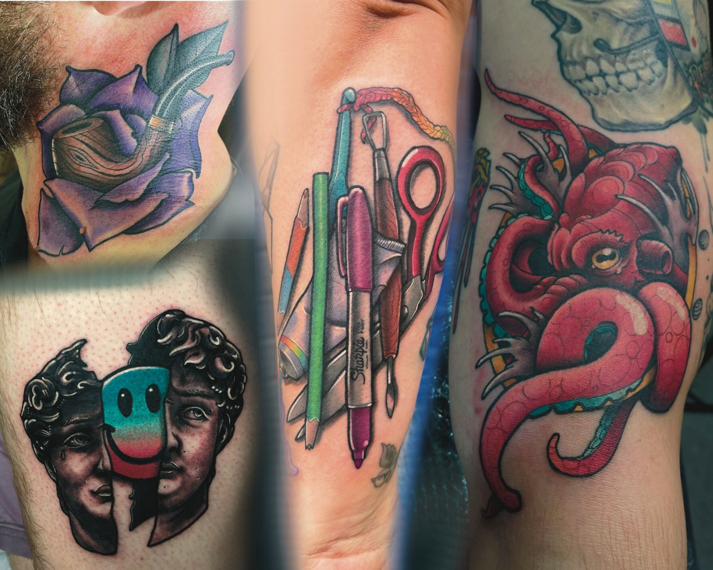 Close-up of multiple colorful tattoos on skin, including a purple flower, art tools, and a red octopus.