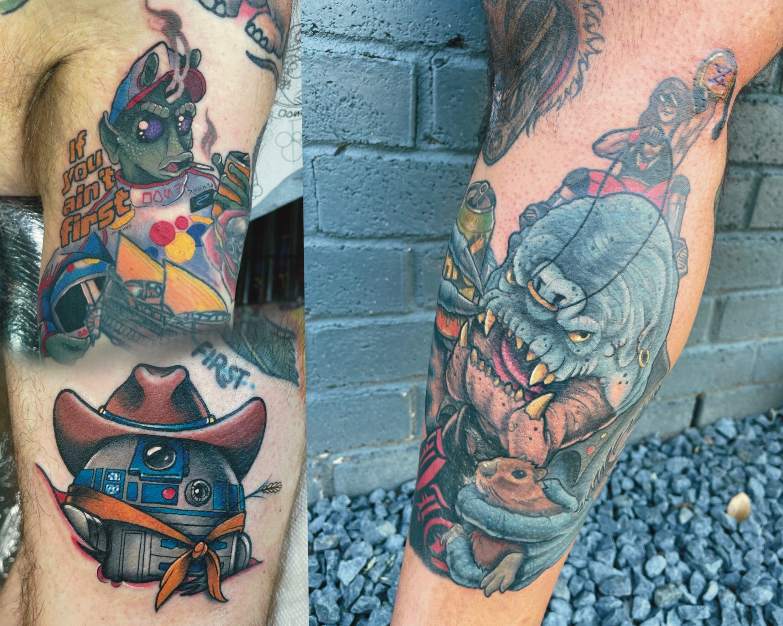 Tattoo of a cartoonish zombie with a hat, holding a small creature, on a person's arm, with colorful details.