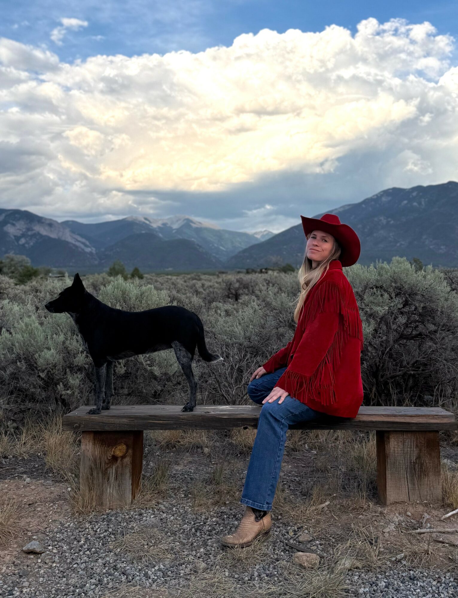 Woman in red coat and hat sitting on a wooden bench outdoors with a dog, mountains, and cloudy sky in background.