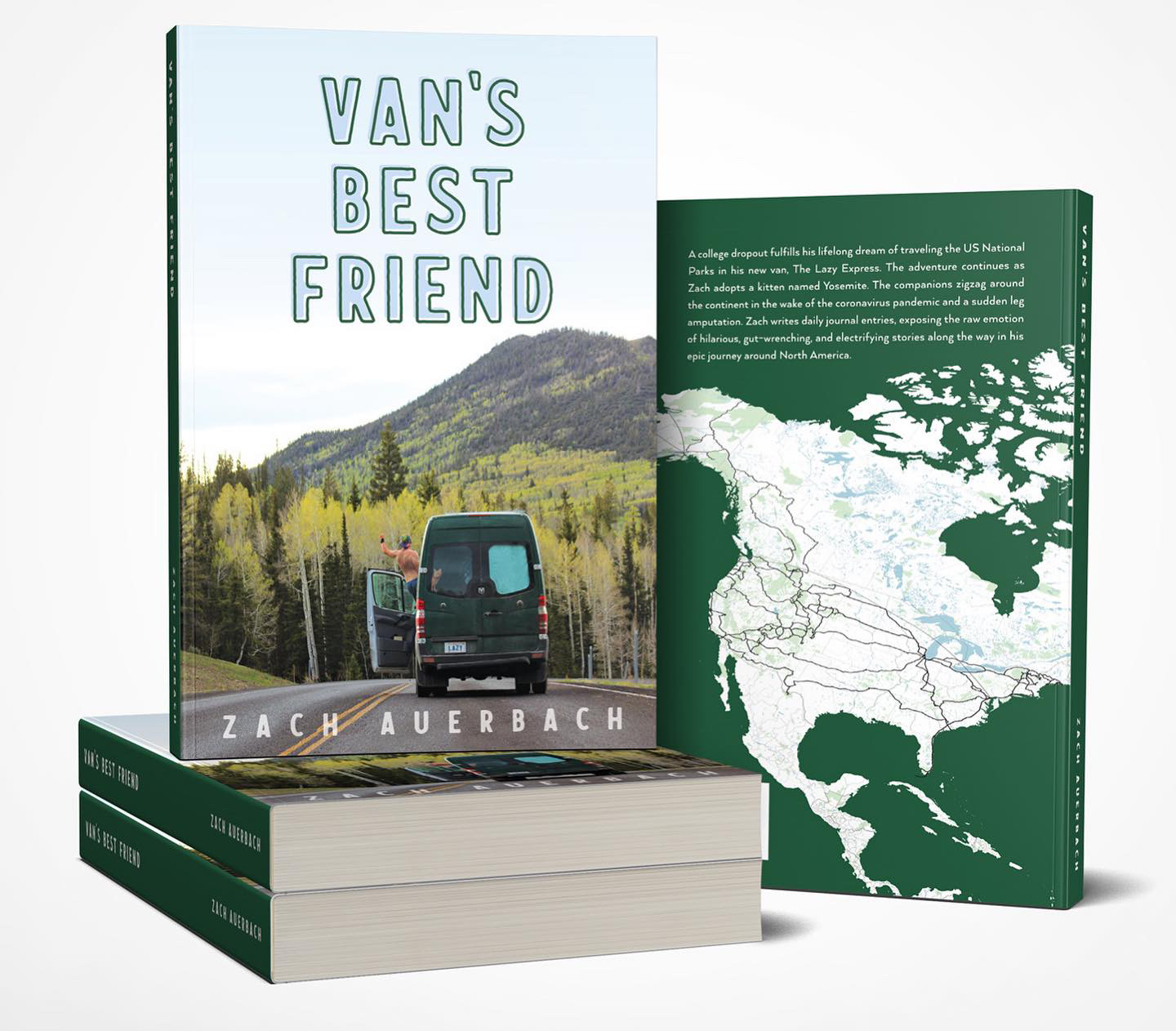 Three copies of a book titled 'Van's Best Friend' by Zach Auerbach, with a mountain landscape on the cover and an open page showing a map, against a white background.