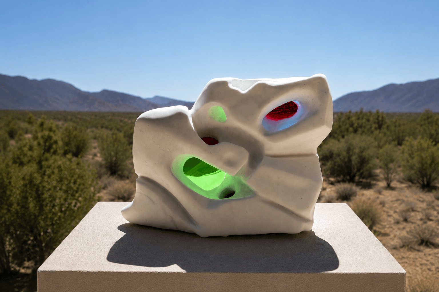 Sculpture with holes and colored accents, outdoors with desert landscape and mountains in background
