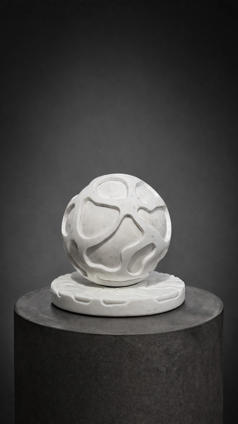 Spherical sculpture with abstract patterns on a pedestal against a dark background.