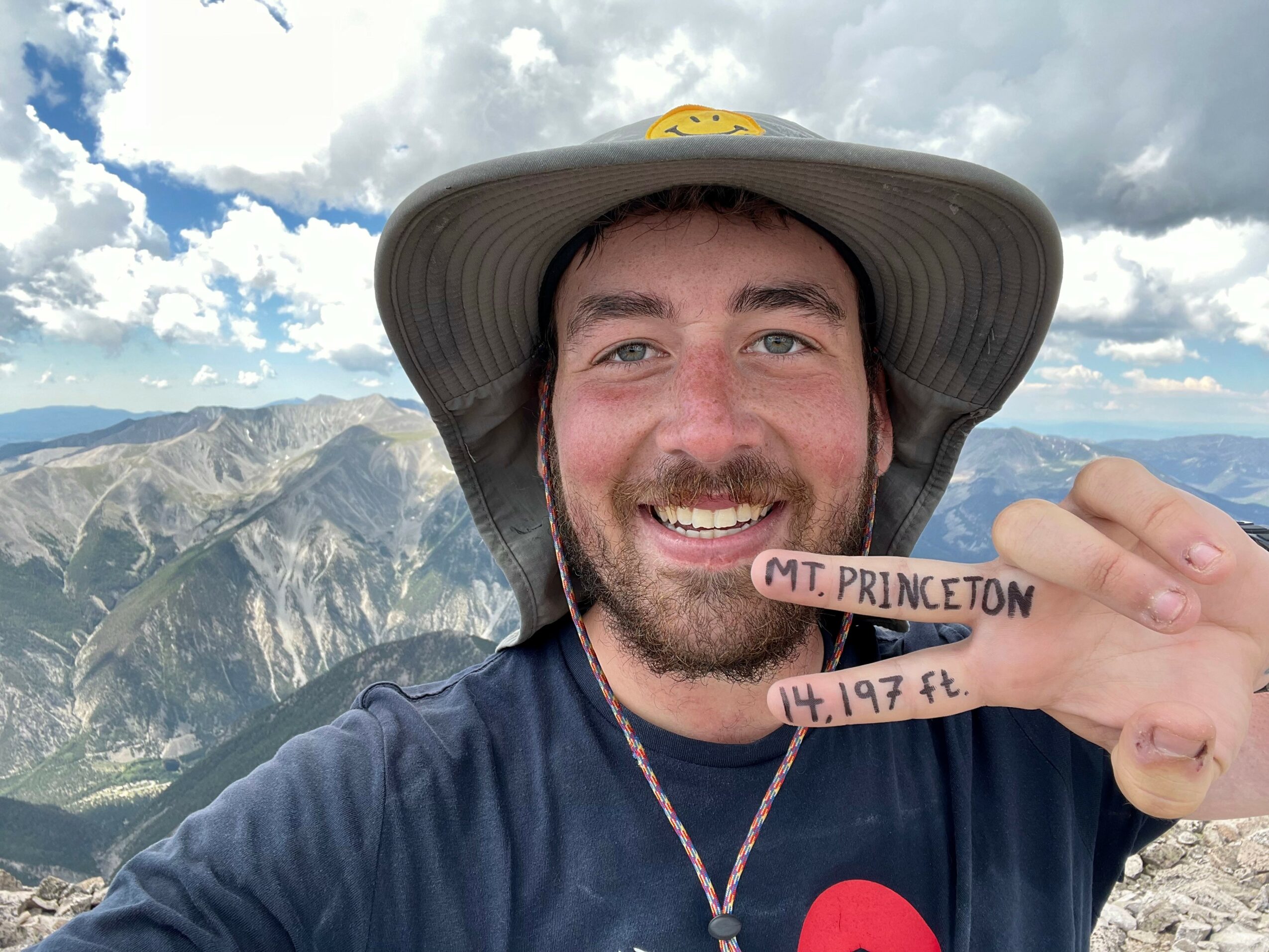 Person smiling outdoors holding a sign with mountain background, wearing a wide-brimmed hat and a dark shirt.