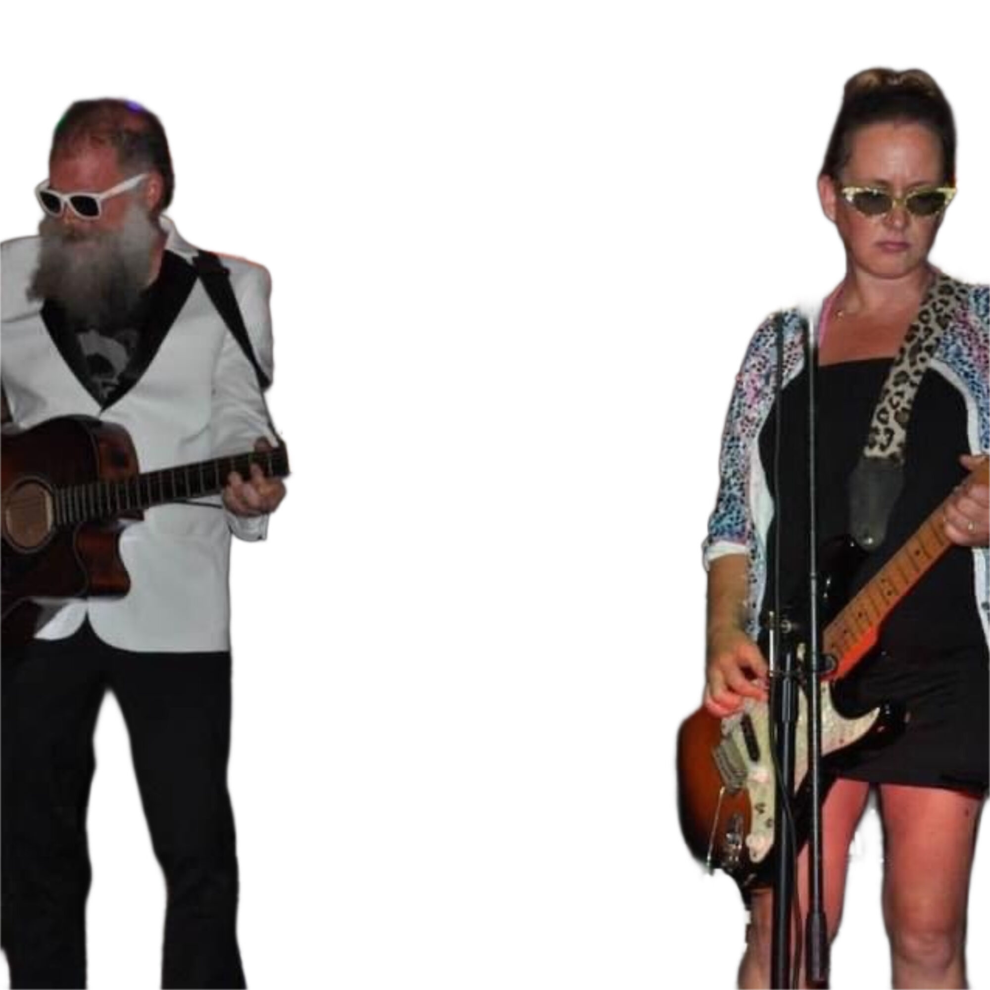 Two musicians, one playing guitar and the other holding a guitar, both wearing sunglasses and stylish clothing, standing against a white background.