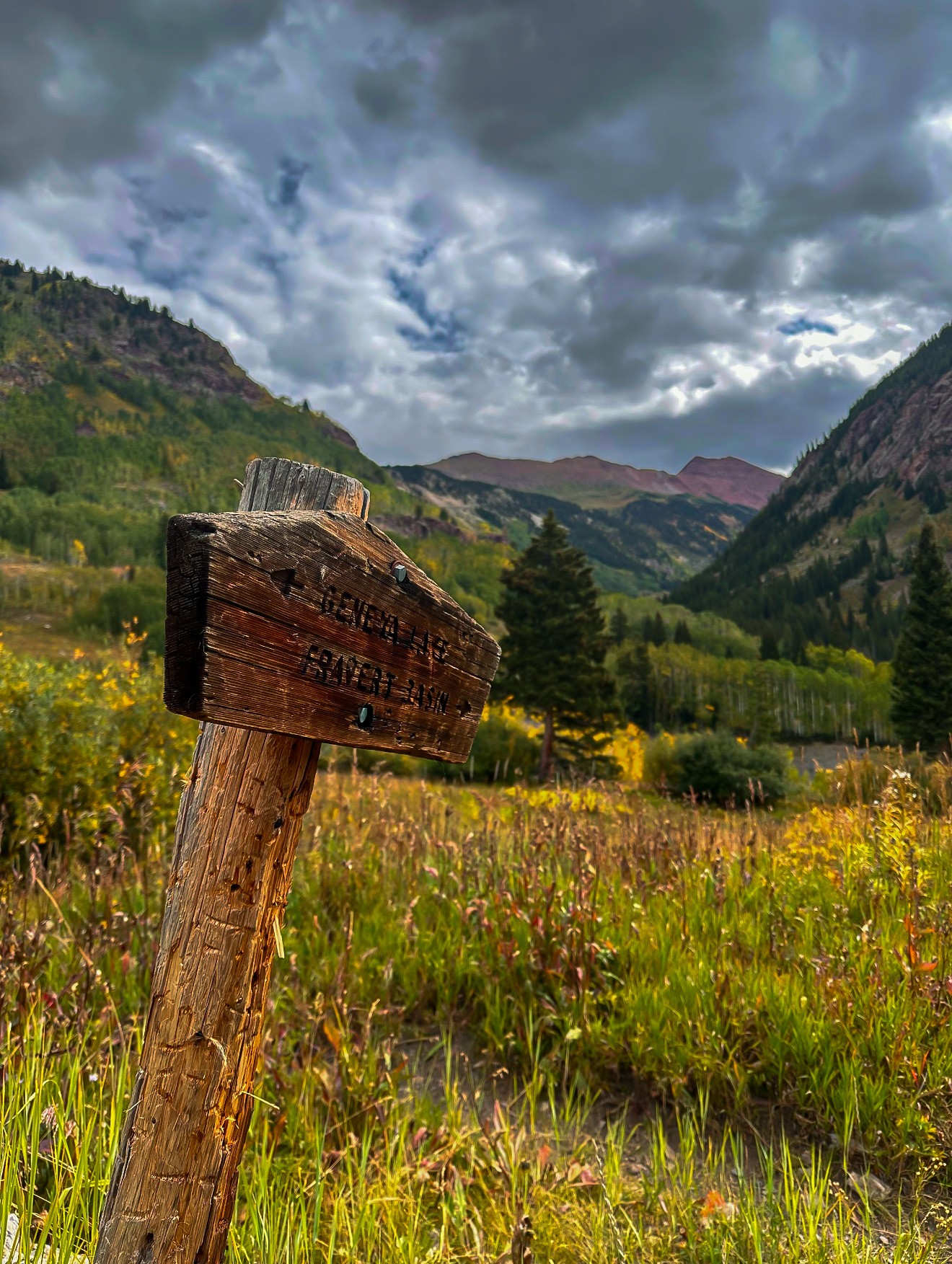 Scenic mountain landscape with cloudy sky, green valley, and wildflowers, with a wooden sign in the foreground.