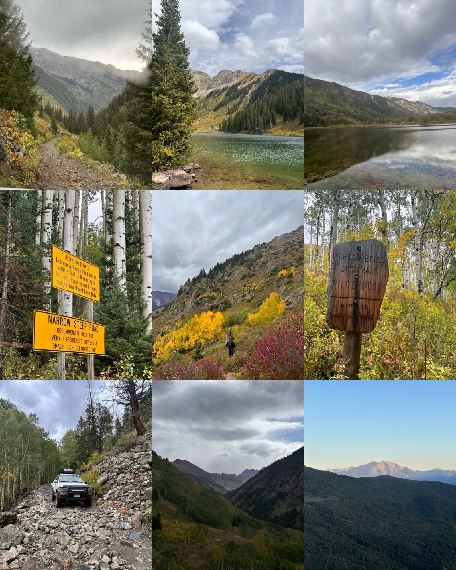 Collage of nine landscape photos featuring mountains, lakes, trees, a vehicle on a rocky trail, and a mountain range in the distance.