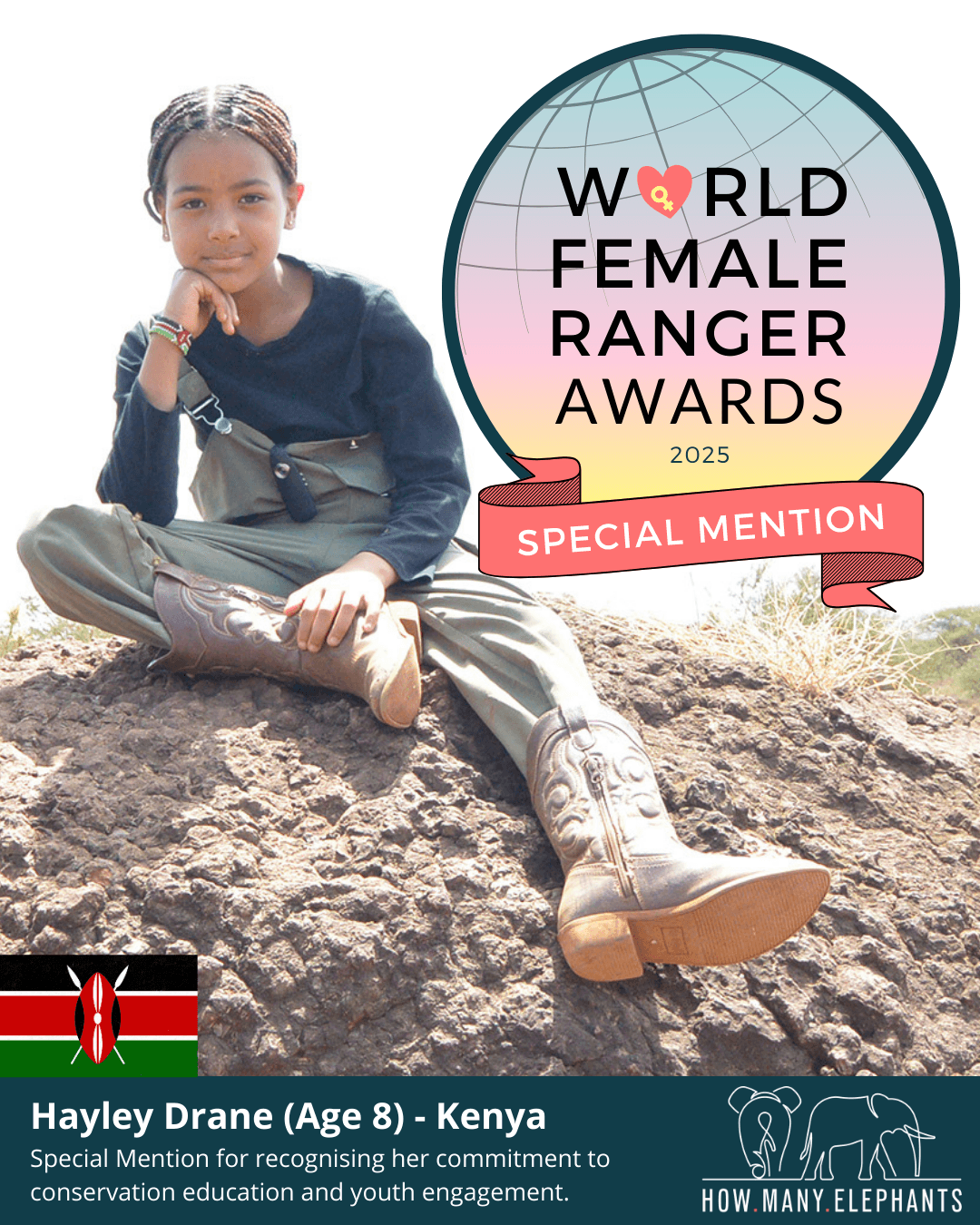 Young girl sitting on a rock outdoors, holding a backpack, smiling, with a logo and text about awards and recognition.