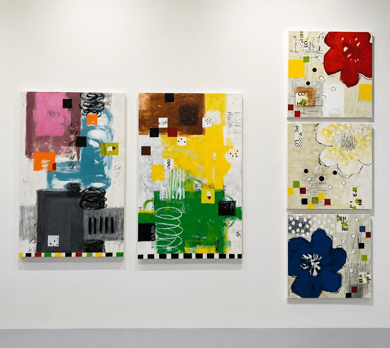 Two abstract paintings with colorful blocks and shapes hang on a white wall, with three smaller paintings vertically aligned to the right.