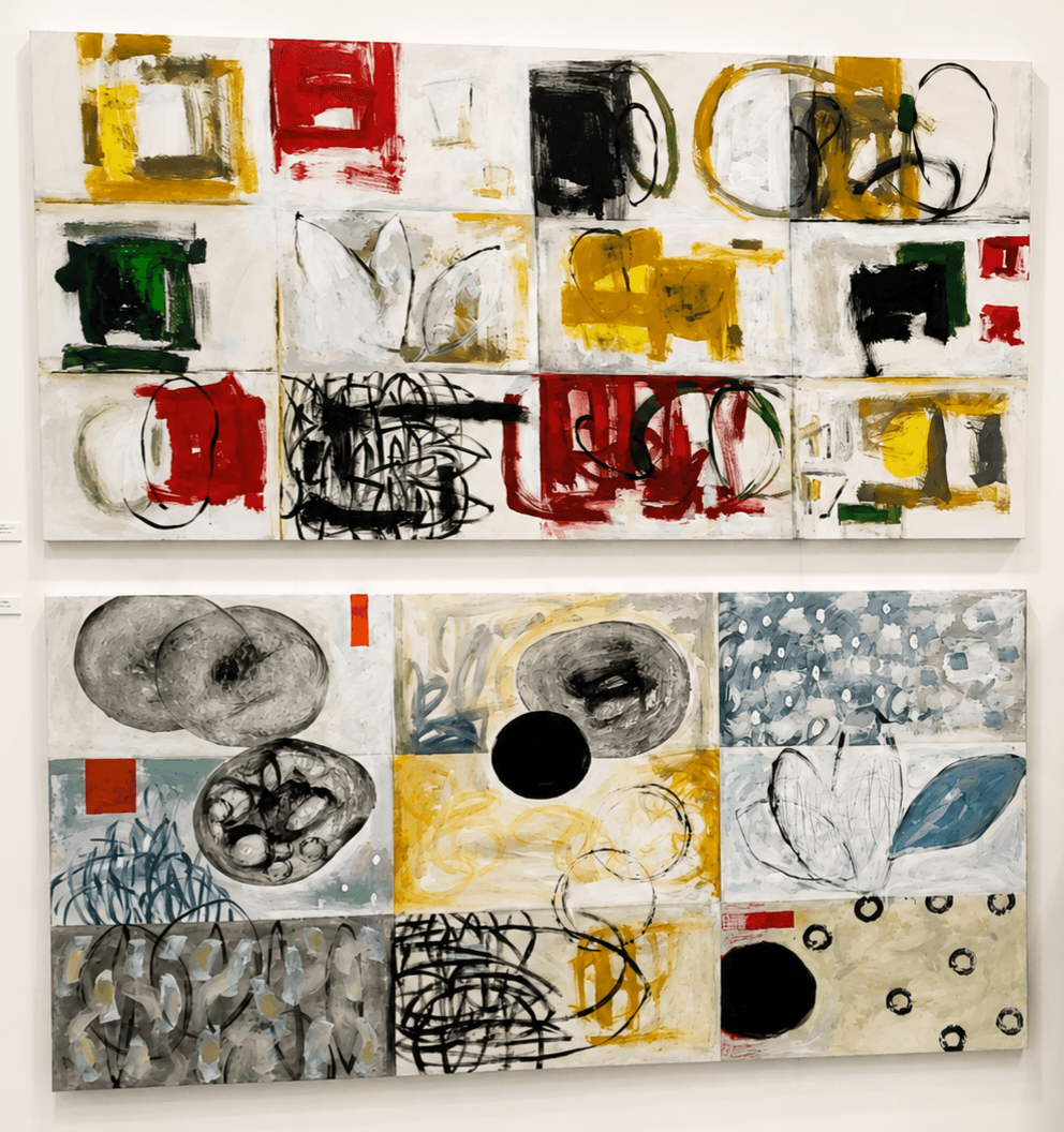 Two abstract paintings with colorful shapes, circles, and brushstrokes on white backgrounds, arranged in a grid pattern.