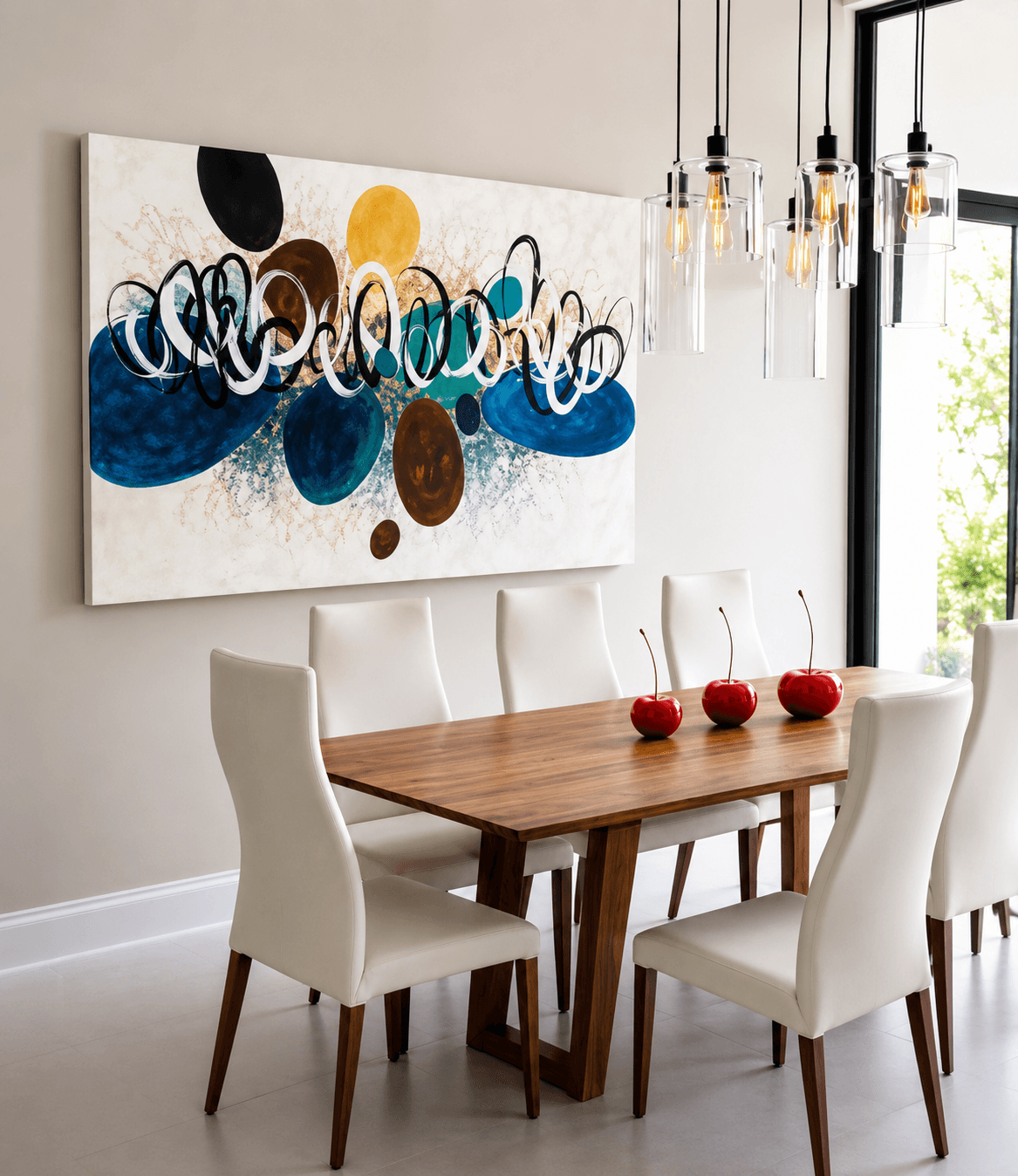 Dining room with wooden table, six white chairs, abstract wall art, hanging pendant lights, and a window with natural light.