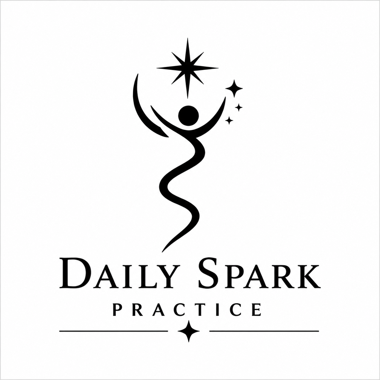 A stylized figure with arms raised, surrounded by stars and celestial symbols, with text 'Daily Spark Practice' below.
