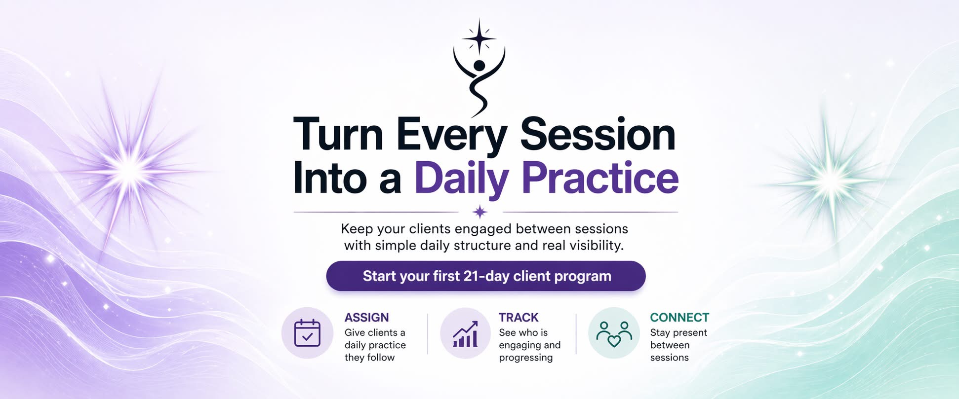 Text with a logo, encouraging daily practice, and a start button, with a light background and star-like designs.