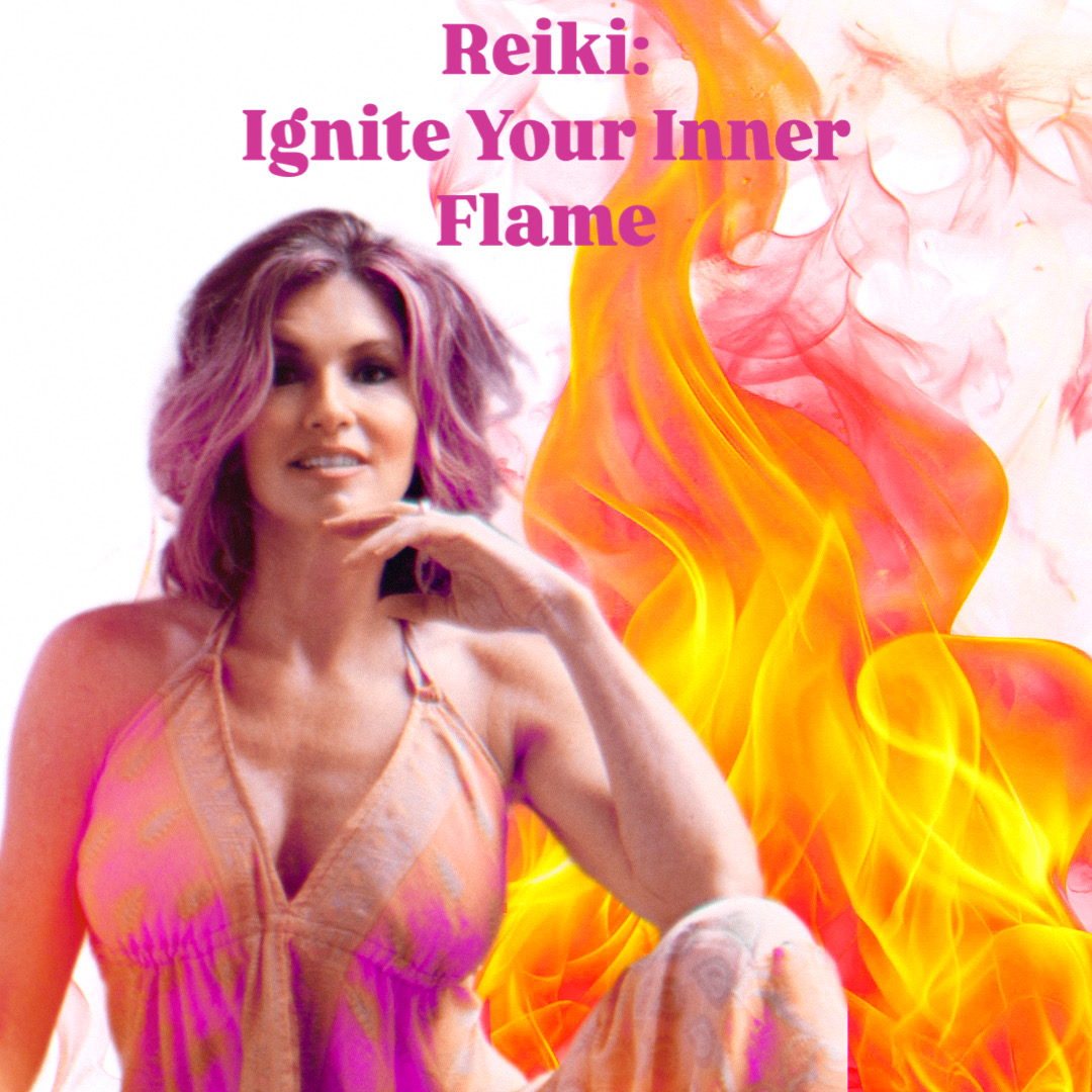 Woman with purple hair smiling, with flames and pink smoke behind her, and text about Reiki and inner flame.