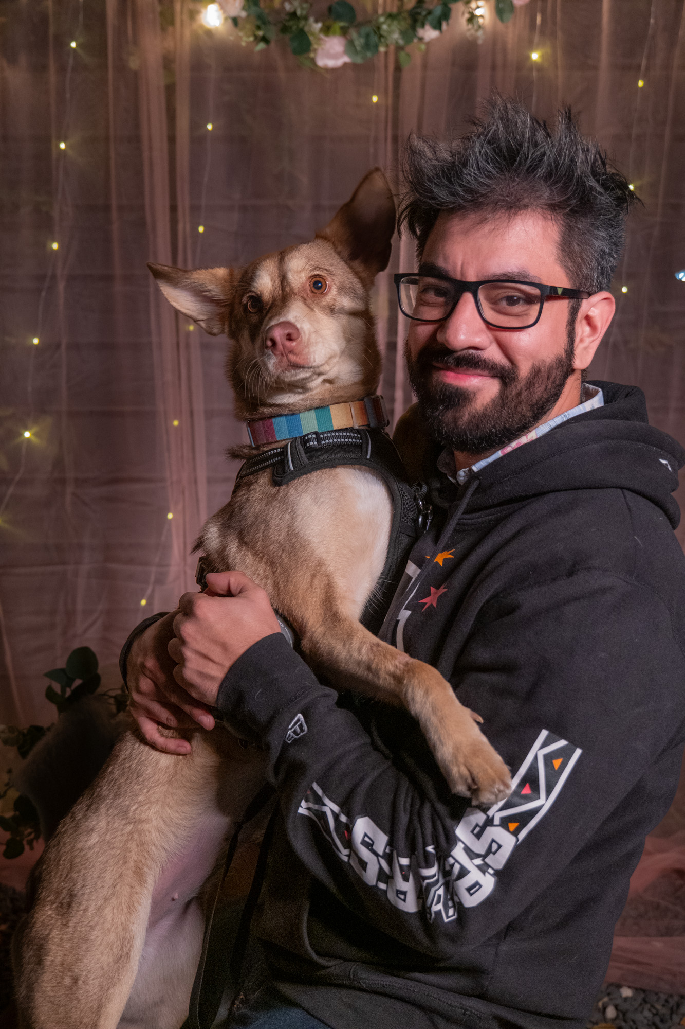 Man with glasses and beard holding a small dog with a blue collar, smiling, in front of a curtain with string lights