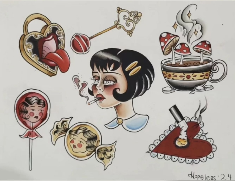 Collection of cartoon-style images including a girl with short black hair, a heart-shaped locket, a key, a steaming cup with mushrooms, a girl with a lollipop, a girl with pigtails, and a red heart with a bandage.