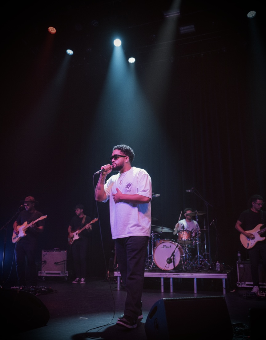 Male singer with sunglasses and white shirt performing on stage with band, colorful stage lights, and musical instruments.